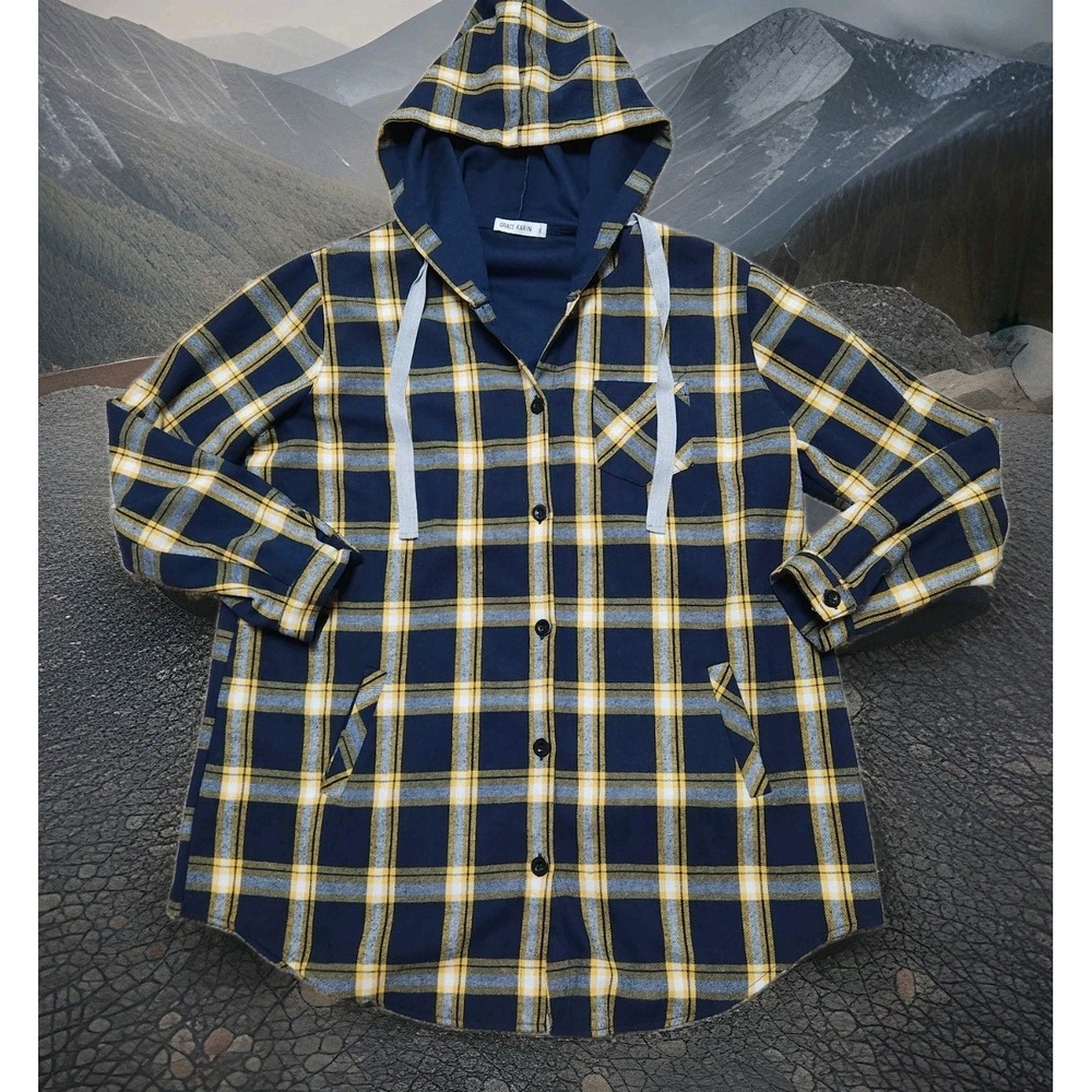 Grace Karin 2XL Plaid Buffalo Blue/Yellow Jacket Shacket Hooded Pockets Women's